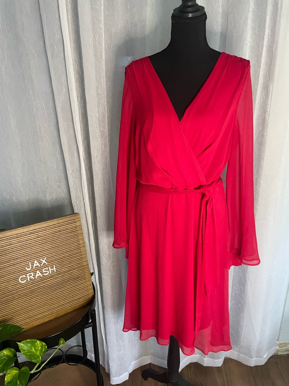 DKNY V-Neck Red Wrap Dress with Tie Waist